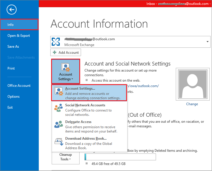 outlook 2013 account settings